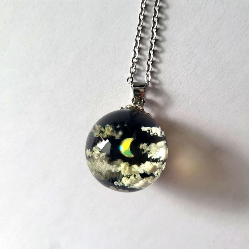 Moon and clouds night sky pendant orb necklace in resin